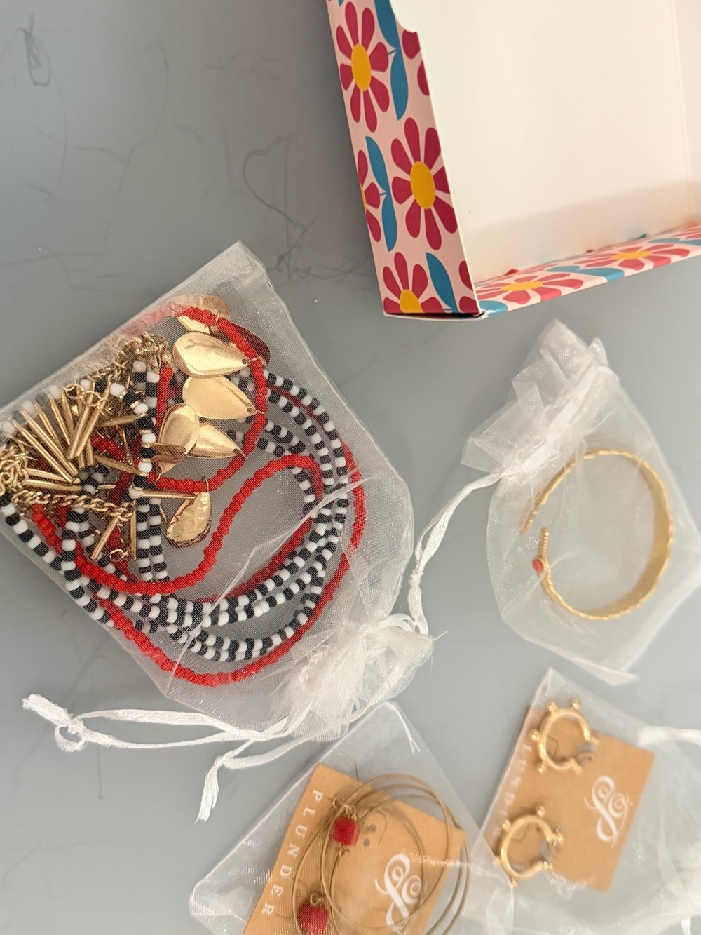 Plunder set Gold and Red Beaded Layered Necklace and Bracelet Set